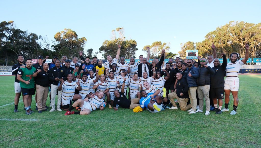 Sanlam Boland Cavaliers celebrate their fourth place finish after beating the EP Elephants in Gqeberha on 10 May in the SA Cup.