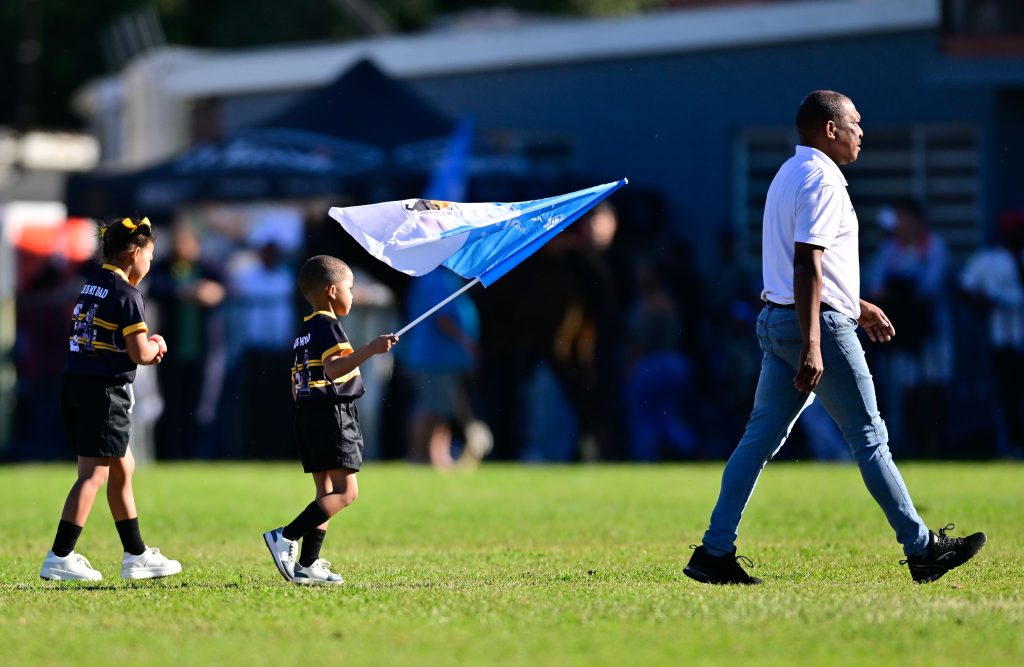 WELLINGTON, SOUTH AFRICA - JULY 27: Late Springbok Cornal Hendricks' children lead the team out ahead of the historic return of the Carling Currie Cup match between Sanlam Boland Kavaliers and Toyota Cheetahs at Sanlam Boland Stadium on July 27, 2025 in Wellington, South Africa. (Photo by Ashley Vlotman/Gallo Images)